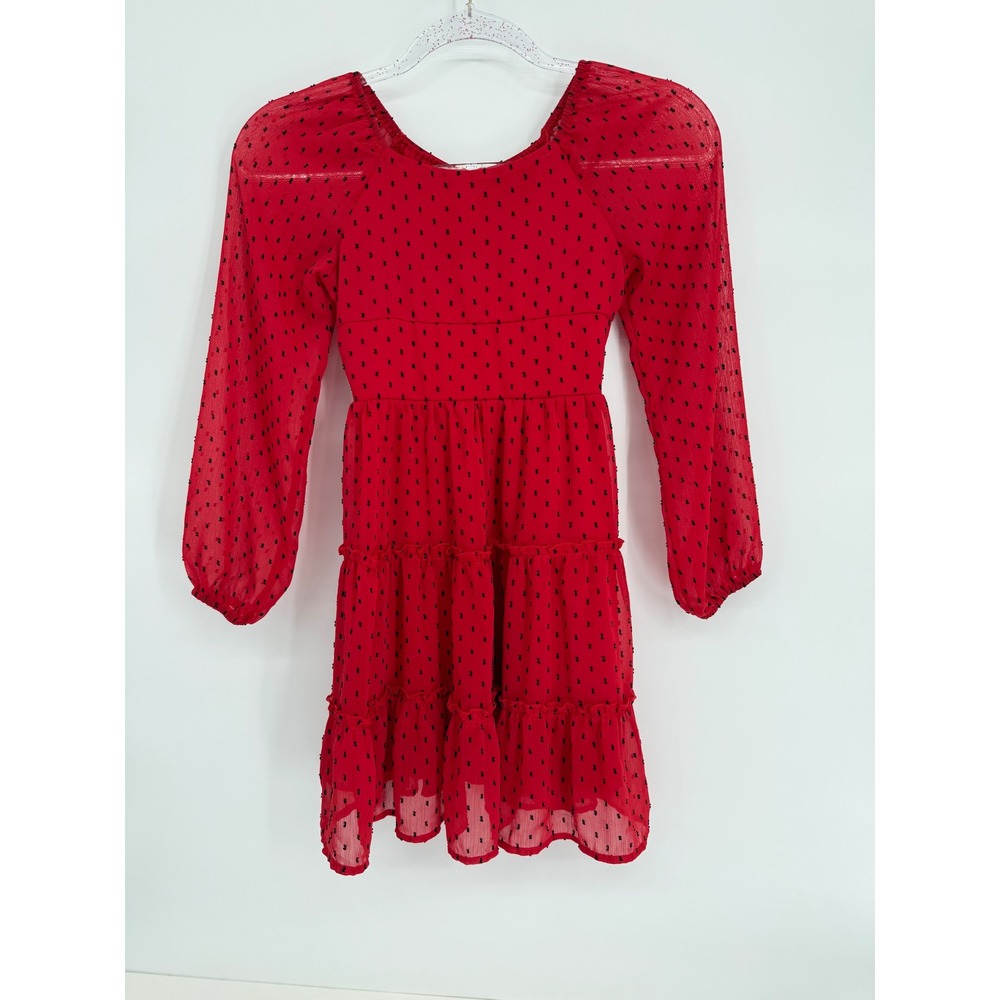Trixxi Girl Red Swiss Dot Tiered Long Sleeve Dress Kids Sz‎ S